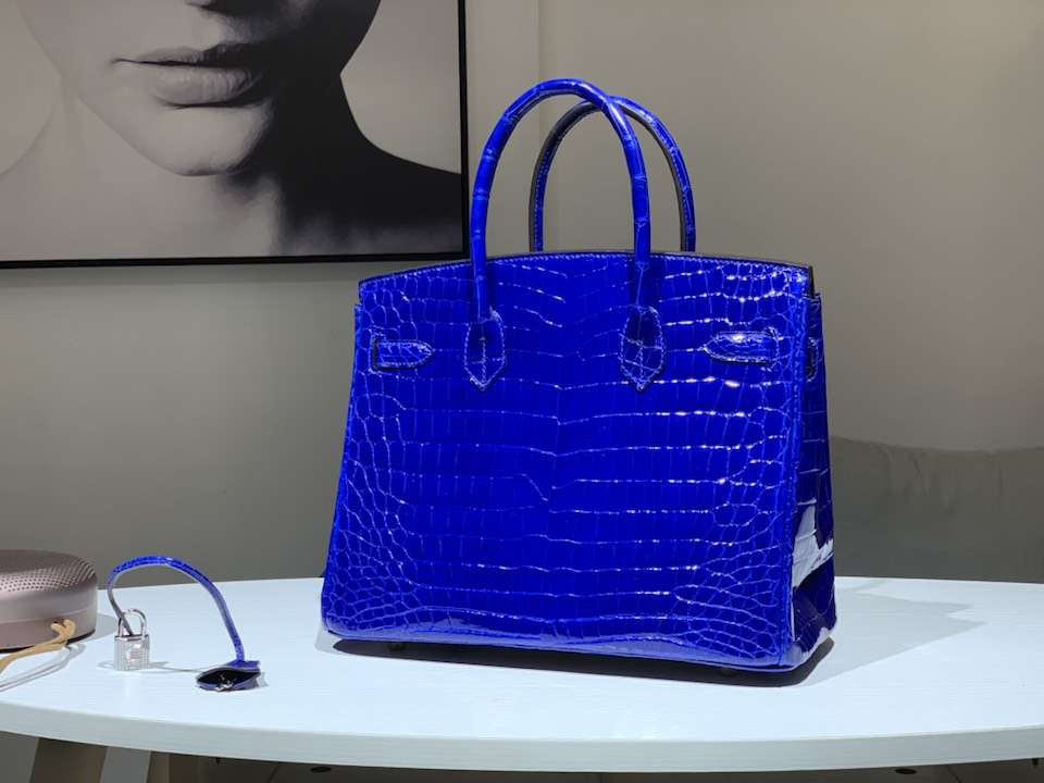 Hermès（爱马仕）Birkin 铂金包 鳄鱼皮 纯手工 电光蓝 银扣 全套专柜包装