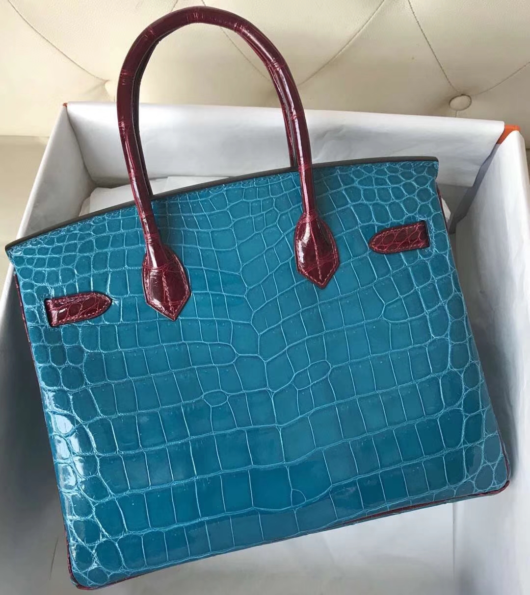 Hermès（爱马仕）Birkin 亮面鳄鱼 7W 伊兹密尔蓝 F5 勃艮第酒红 金扣 马蹄印 30cm