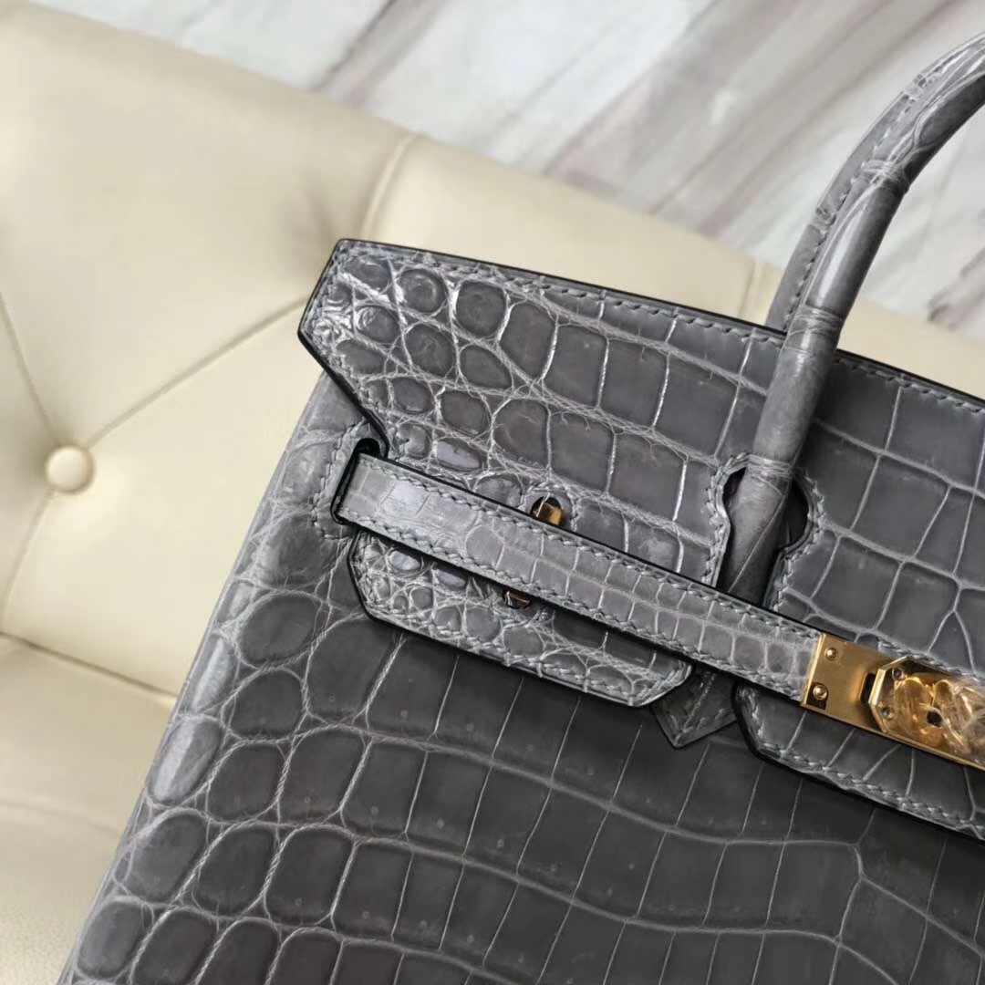 Hermès（爱马仕）Birkin Crocodile shiny 亮面鳄鱼  4Z 海鸥灰 金扣 现货 25cm