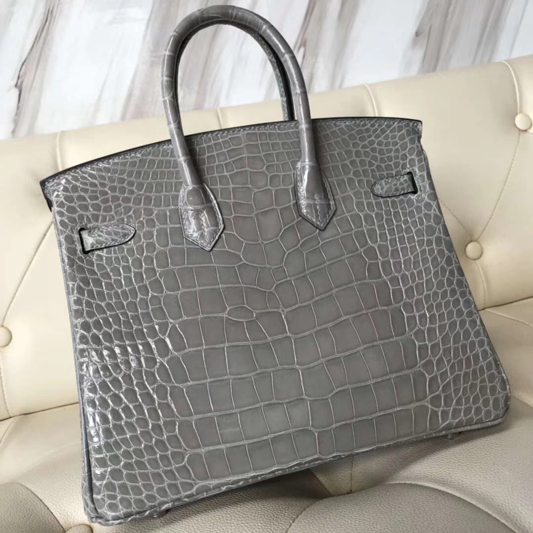 Hermès（爱马仕）Birkin Crocodile shiny 亮面鳄鱼 8U 冰川灰 银扣 顶级手缝 25cm