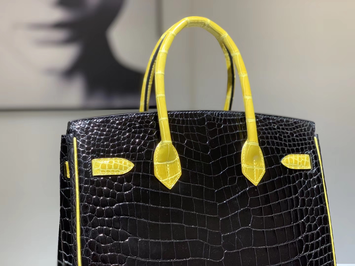Hermès（爱马仕）Brikin铂金包 鳄鱼皮 柠檬黄配黑色 30cm
