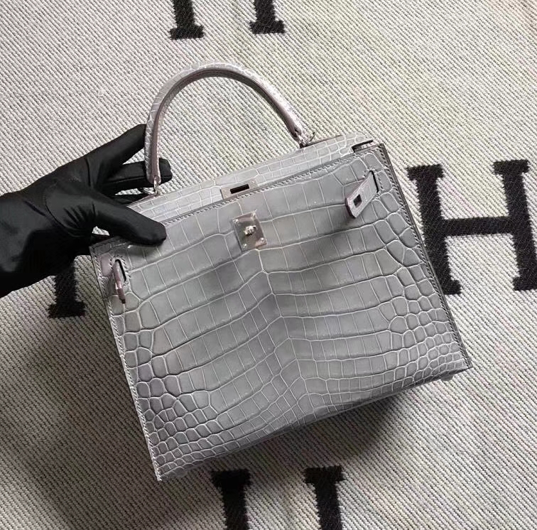 Hermès（爱马仕）Kelly 凯莉包 冰川灰 鳄鱼皮 25cm 银扣 现货