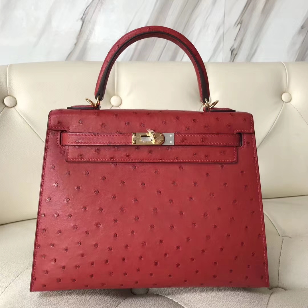 Hermès（爱马仕）Kelly凯莉包 ostrich kk鸵鸟 顶级鸵鸟皮 Q5国旗红 蜡线全手工 金扣 25cm