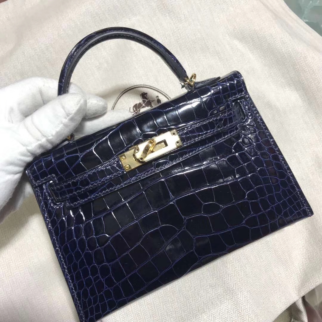 Hermès（爱马仕）Minikelly ll Alligator shiny 亮面鳄鱼 7K 宝石蓝 Blue saphir 金扣