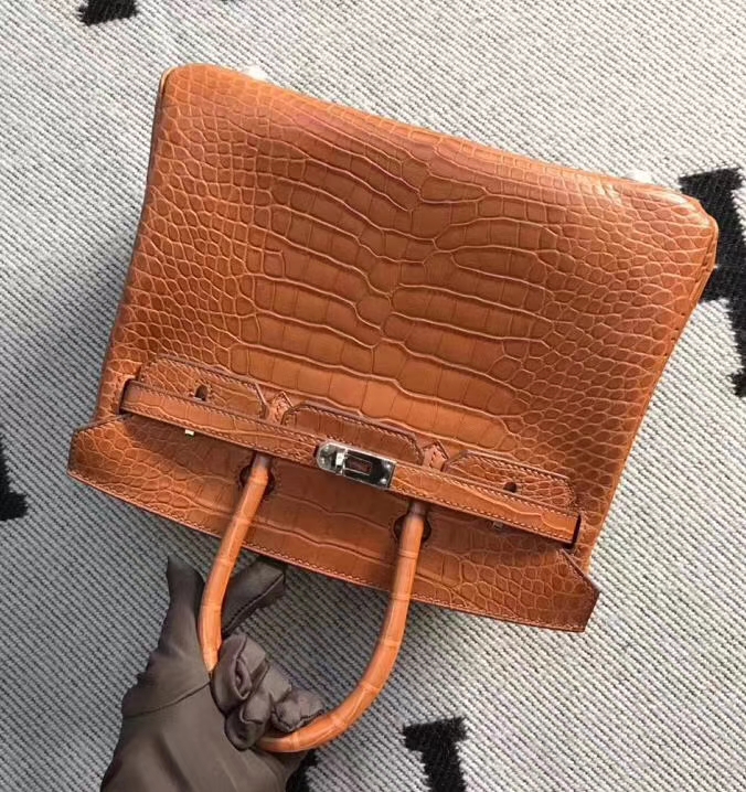 Hermès（爱马仕）Birkin铂金包 深橙色 雾面美洲鳄鱼方块 25cm 现货