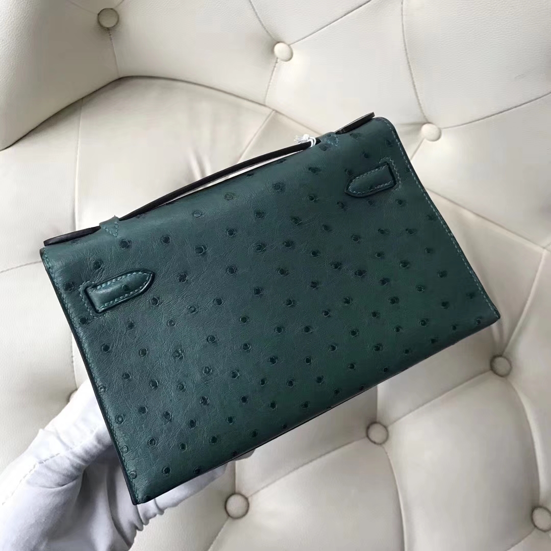 Hermès（爱马仕）Mini Kelly ostrich kk鸵鸟 顶级鸵鸟皮 Z6孔雀绿 蜡线全手工 银扣 22cm