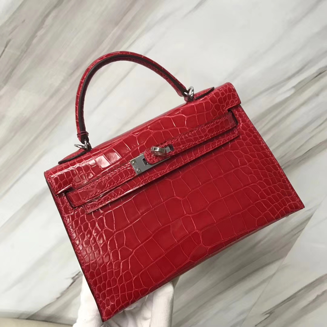 Hermès（爱马仕）Minikelly 亮面框框鳄鱼 ck95法拉利红 顶级工艺 蜡线全手工 银扣 2代 19cm