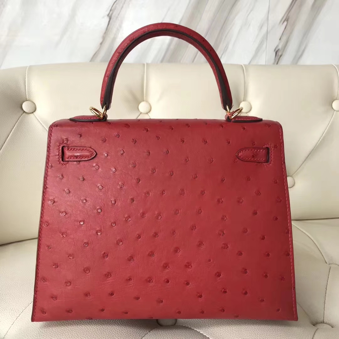 Hermès（爱马仕）Kelly凯莉包 ostrich kk鸵鸟 顶级鸵鸟皮 Q5国旗红 蜡线全手工 金扣 25cm