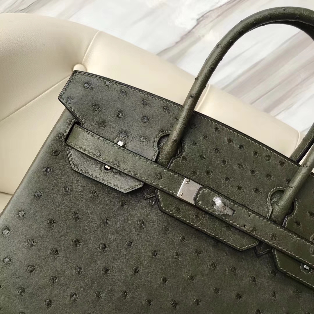 Hermès（爱马仕）Birkin kk鸵鸟 v6丛林绿 顶级工艺 蜡线全手工 银扣 30cm