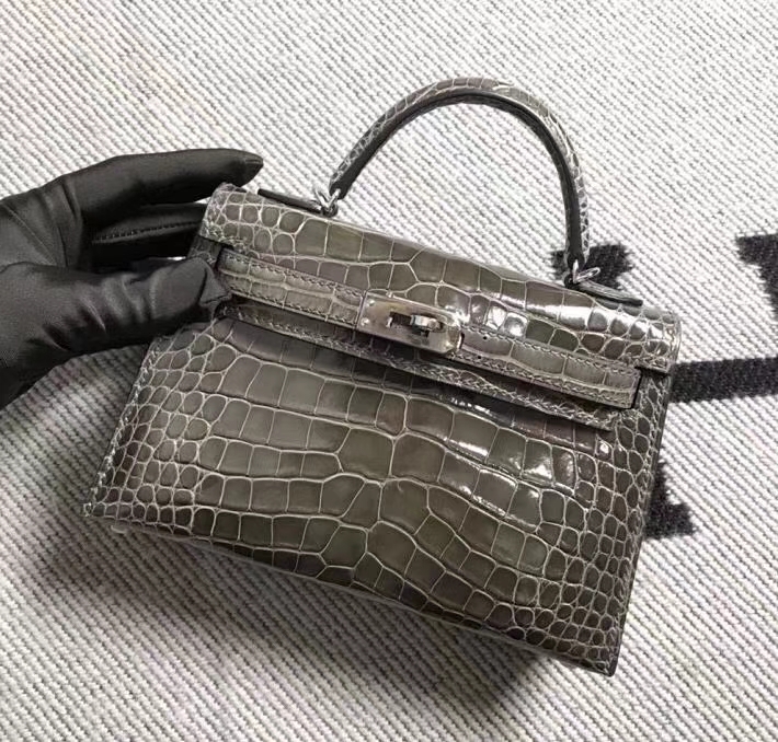 Hermès（爱马仕）mini kelly 亮面鳄鱼 铁灰 银扣 2代