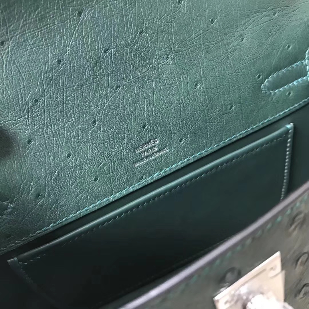 Hermès（爱马仕）Mini Kelly ostrich kk鸵鸟 顶级鸵鸟皮 Z6孔雀绿 蜡线全手工 银扣 22cm