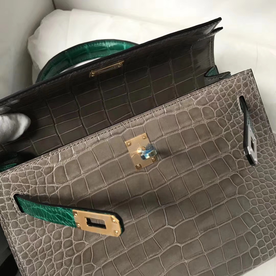 Hermès（爱马仕）Kelly Alligator shiny 亮面鳄鱼 Ck81 斑鸠灰 Gris T 6Ｑ 翡翠绿 金扣 25cm
