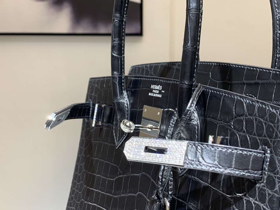 Hermès（爱马仕）Birkin 铂金包 鳄鱼皮 纯手工蜡线 黑色 银扣 全套专柜包装