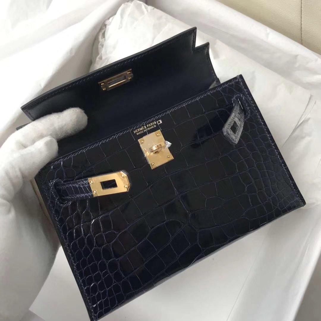 Hermès（爱马仕）Minikelly ll Alligator shiny 亮面鳄鱼 7K 宝石蓝 Blue saphir 金扣