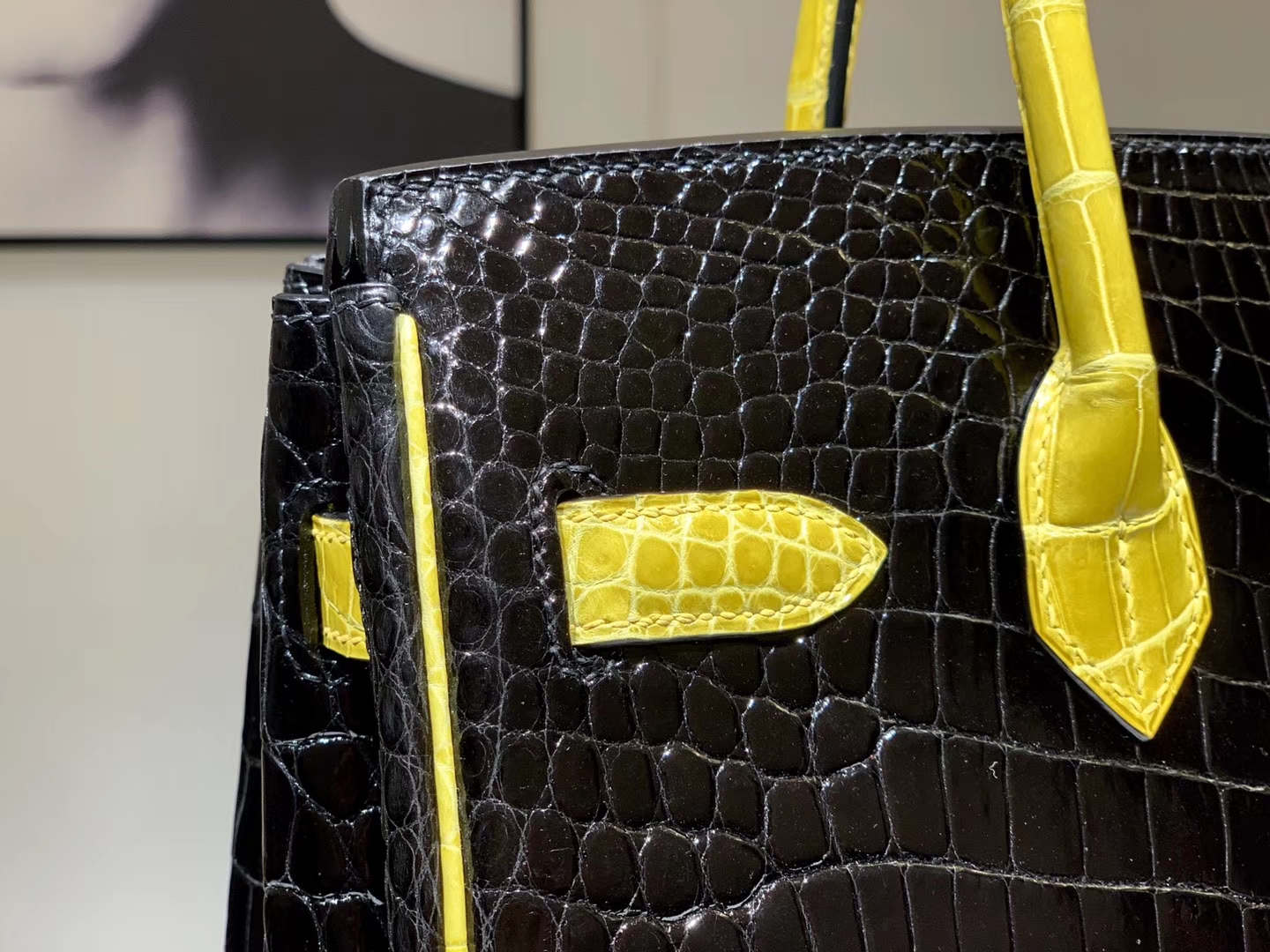 Hermès（爱马仕）Brikin铂金包 鳄鱼皮 柠檬黄配黑色 30cm