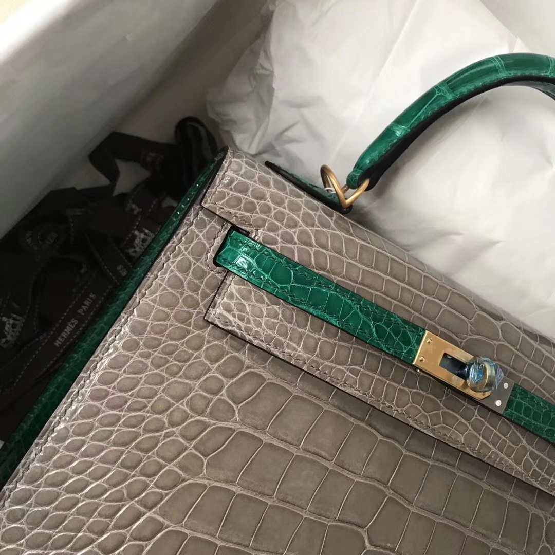 Hermès（爱马仕）Kelly Alligator shiny 亮面鳄鱼 Ck81 斑鸠灰 Gris T 6Ｑ 翡翠绿 金扣 25cm