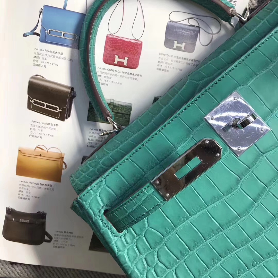 Hermès（爱马仕）Kelly 凯莉包 雾面湾鳄倒V 孔雀蓝 稀少野生鳄鱼 28cm
