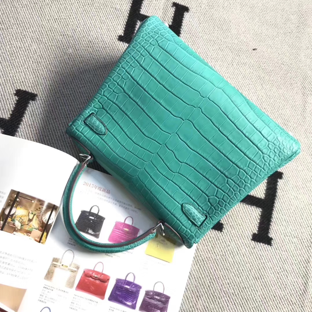 Hermès（爱马仕）Kelly 凯莉包 雾面湾鳄倒V 孔雀蓝 稀少野生鳄鱼 28cm