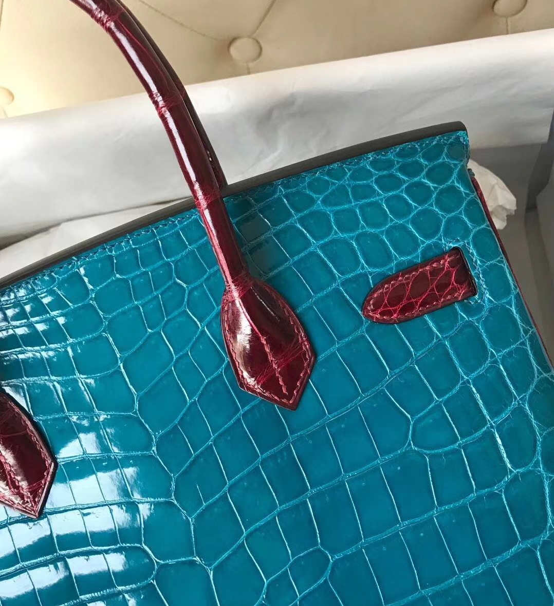 Hermès（爱马仕）Birkin 亮面鳄鱼 7W 伊兹密尔蓝 F5 勃艮第酒红 金扣 马蹄印 30cm
