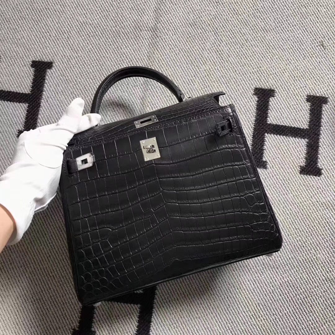 Hermès（爱马仕）Kelly凯莉包 黑色雾面鳄鱼 25cm 银扣