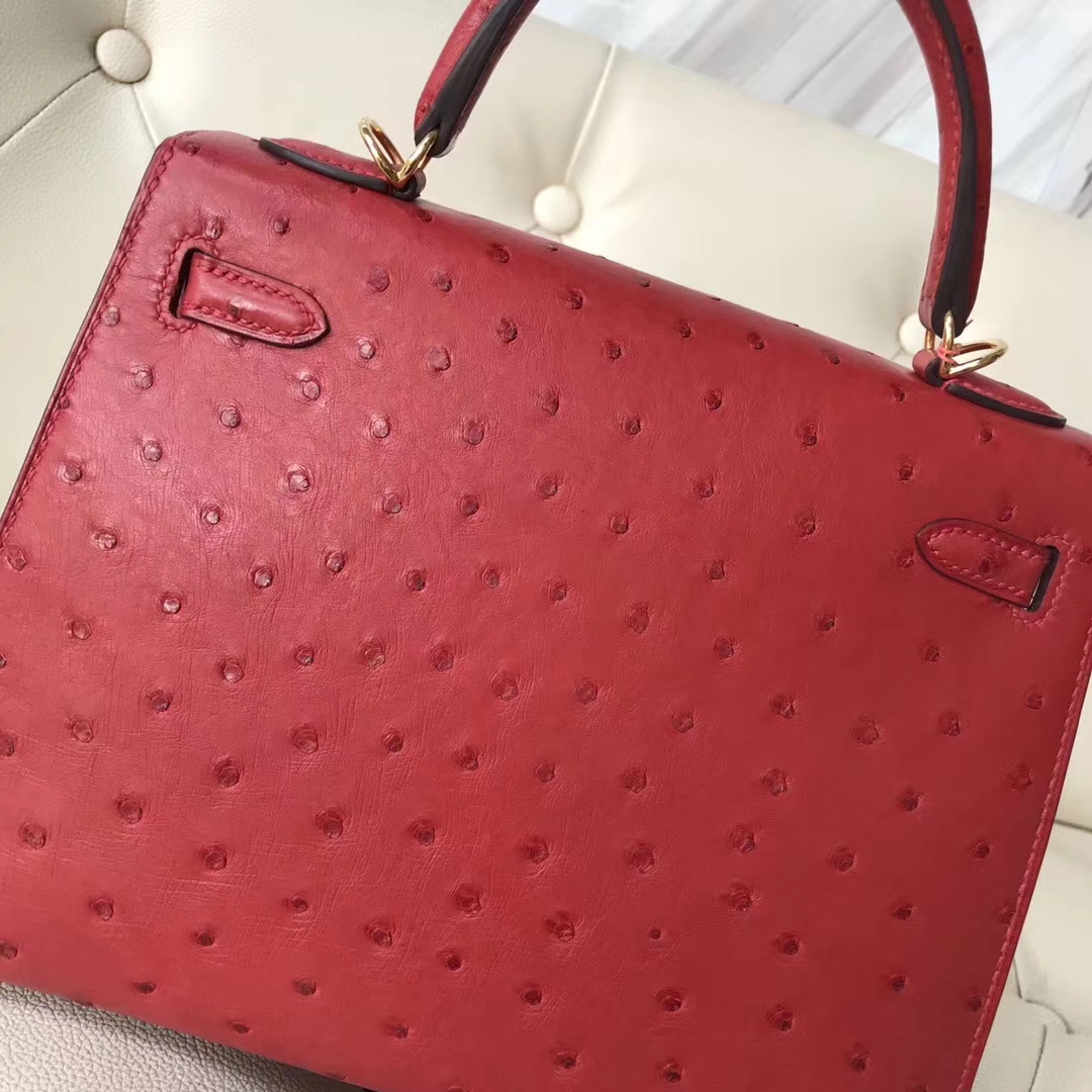 Hermès（爱马仕）Kelly凯莉包 ostrich kk鸵鸟 顶级鸵鸟皮 Q5国旗红 蜡线全手工 金扣 25cm