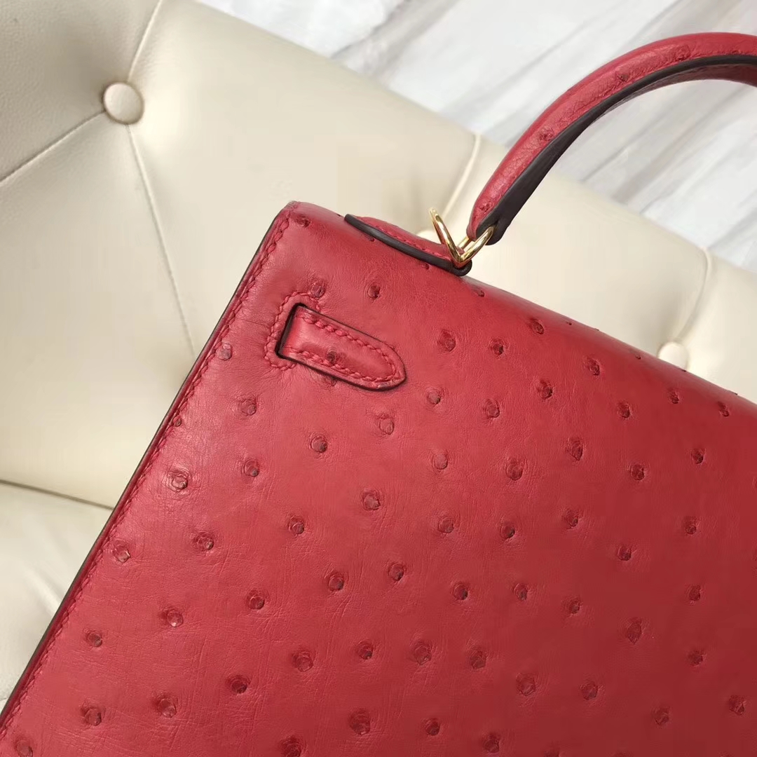 Hermès（爱马仕）Kelly凯莉包 ostrich kk鸵鸟 顶级鸵鸟皮 Q5国旗红 蜡线全手工 金扣 25cm