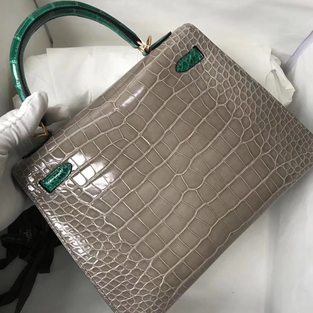 Hermès（爱马仕）Kelly Alligator shiny 亮面鳄鱼 Ck81 斑鸠灰 Gris T 6Ｑ 翡翠绿 金扣 25cm