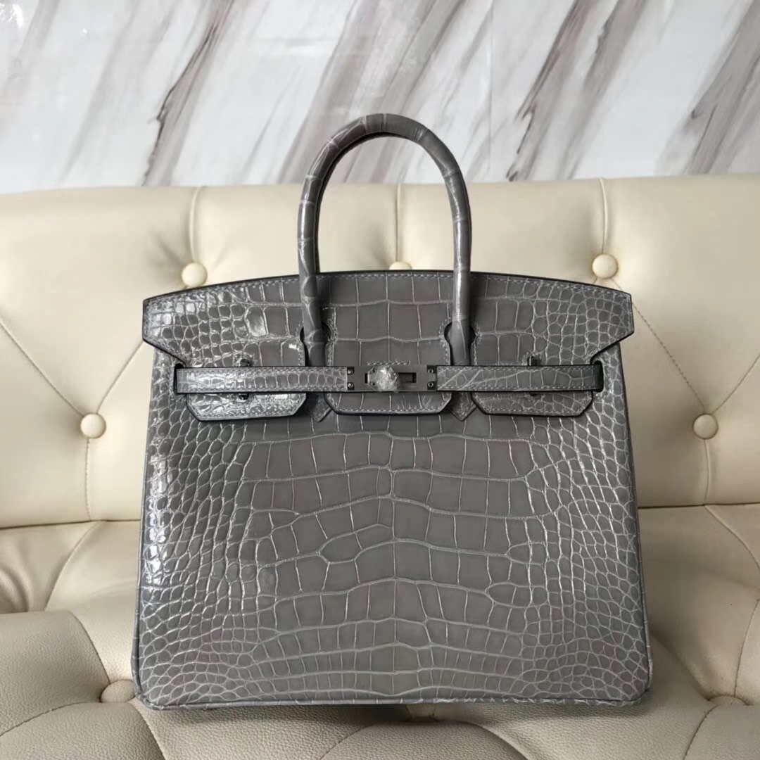 Hermès（爱马仕）Birkin Crocodile shiny 亮面鳄鱼 8U 冰川灰 银扣 顶级手缝 25cm