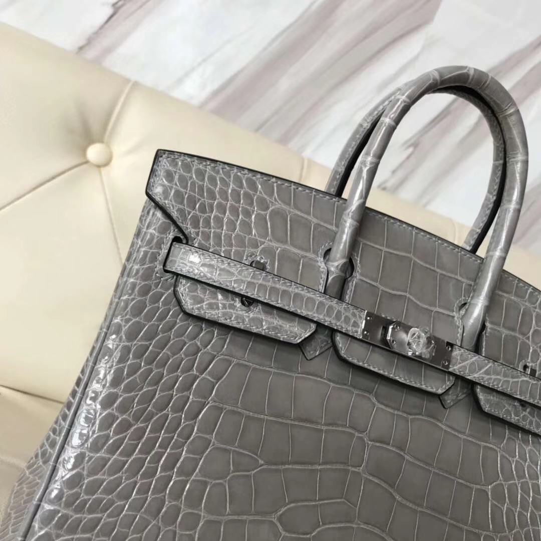 Hermès（爱马仕）Birkin Crocodile shiny 亮面鳄鱼 8U 冰川灰 银扣 顶级手缝 25cm