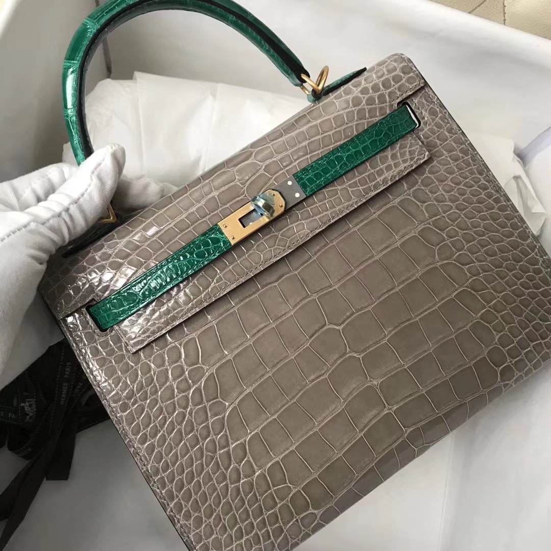 Hermès（爱马仕）Kelly Alligator shiny 亮面鳄鱼 Ck81 斑鸠灰 Gris T 6Ｑ 翡翠绿 金扣 25cm