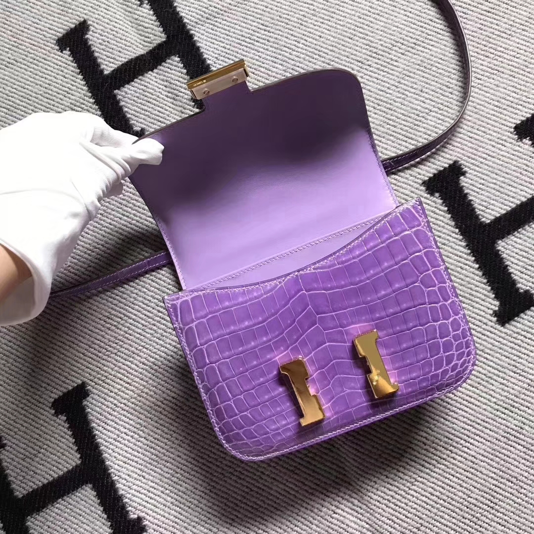 Hermès（爱马仕）Constance 空姐包 薰衣草紫 19cm 金扣 现货