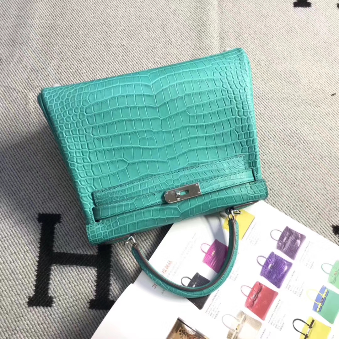 Hermès（爱马仕）Kelly 凯莉包 雾面湾鳄倒V 孔雀蓝 稀少野生鳄鱼 28cm