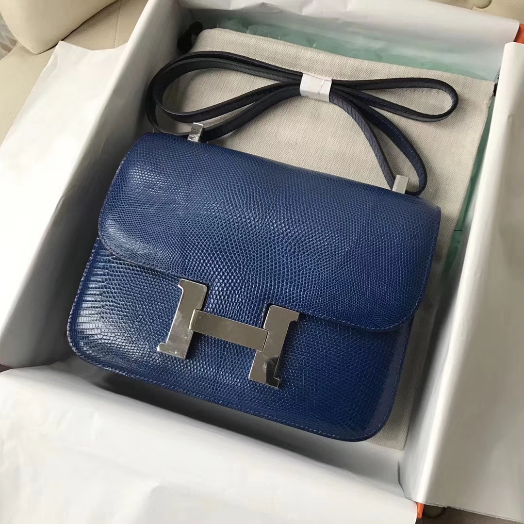 Hermès（爱马仕）Constance lizard 进口蜥蜴皮 7Q希腊蓝 蜡线全手工 银扣 23cm