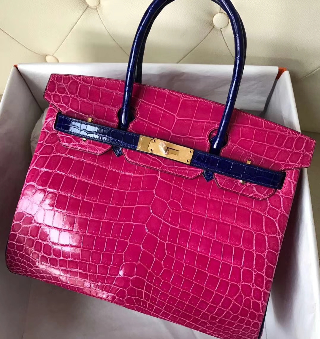Hermès（爱马仕）Birkin 亮面鳄鱼 5J 桃粉7T 电光蓝  金扣 马蹄印 30cm