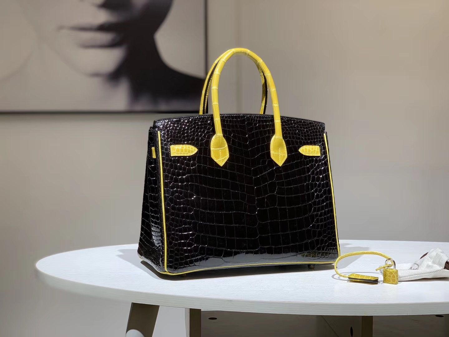 Hermès（爱马仕）Brikin铂金包 鳄鱼皮 柠檬黄配黑色 30cm