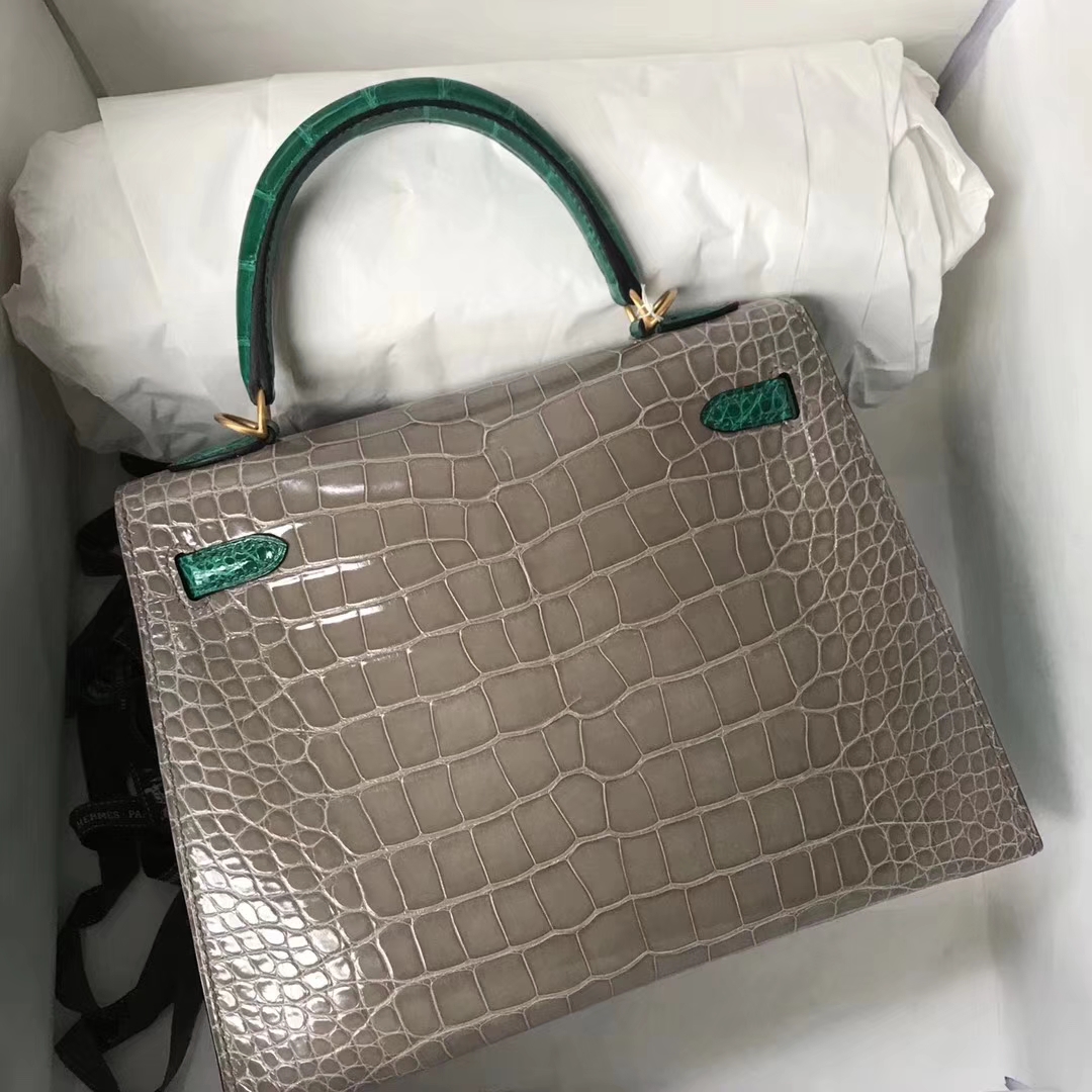 Hermès（爱马仕）Kelly Alligator shiny 亮面鳄鱼 Ck81 斑鸠灰 Gris T 6Ｑ 翡翠绿 金扣 25cm
