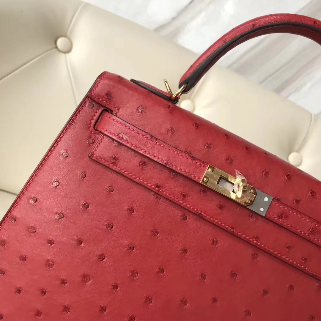 Hermès（爱马仕）Kelly凯莉包 ostrich kk鸵鸟 顶级鸵鸟皮 Q5国旗红 蜡线全手工 金扣 25cm