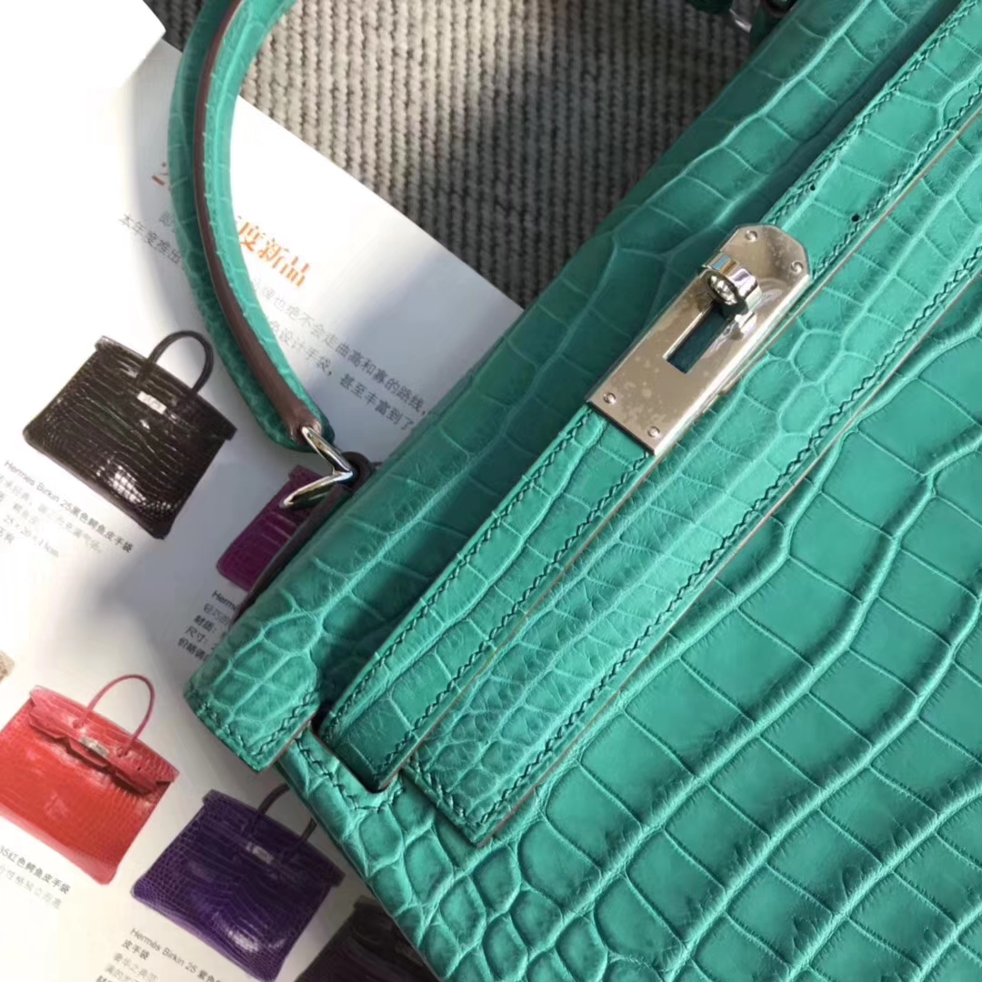Hermès（爱马仕）Kelly 凯莉包 雾面湾鳄倒V 孔雀蓝 稀少野生鳄鱼 28cm