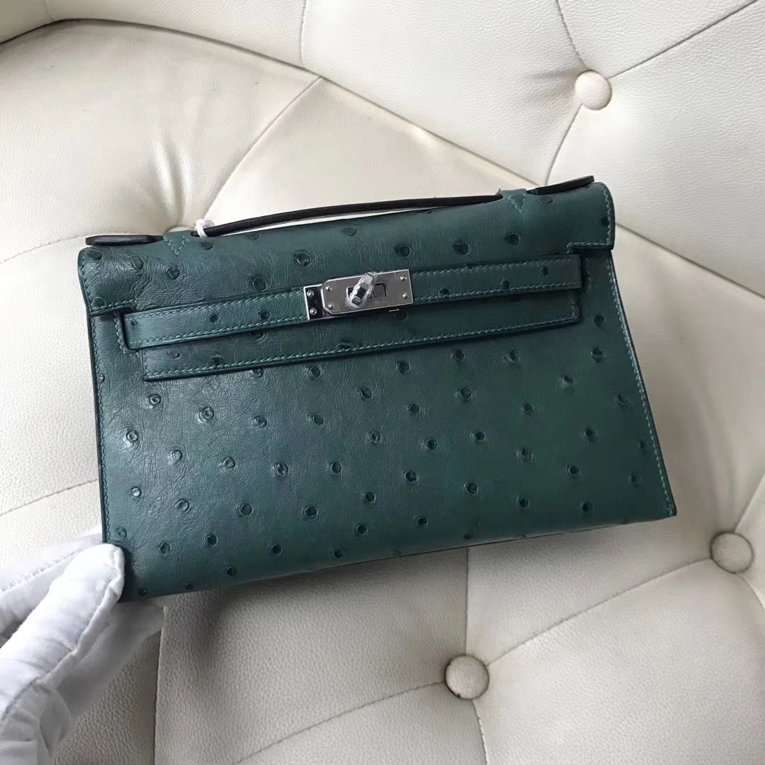 Hermès（爱马仕）Mini Kelly ostrich kk鸵鸟 顶级鸵鸟皮 Z6孔雀绿 蜡线全手工 银扣 22cm