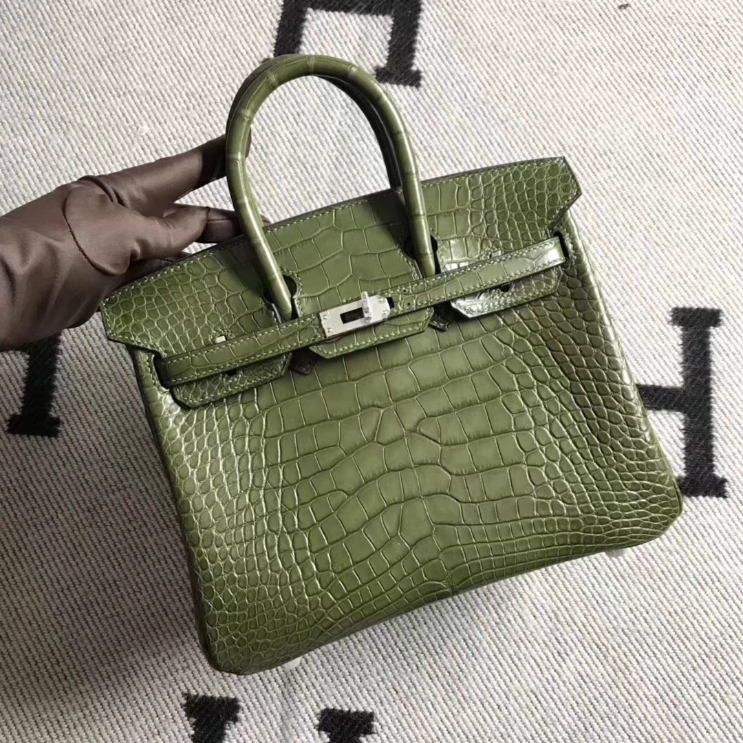 Hermès（爱马仕）Birkin 铂金包 雾面美洲鳄鱼方块 森林绿 完美品质 25cm 现货