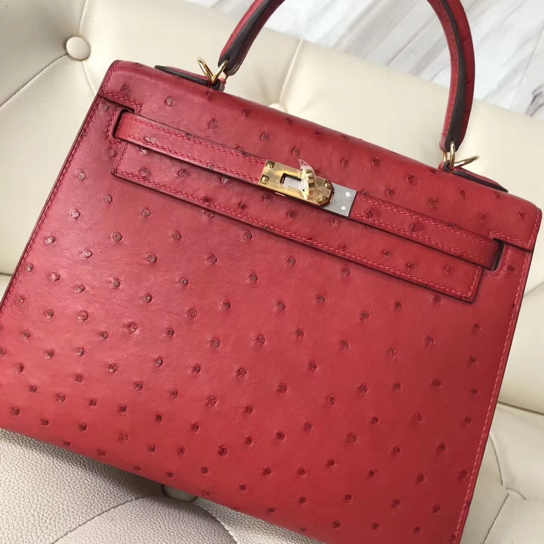 Hermès(爱马仕)Kelly凯莉包 ostrich kk鸵鸟 顶级鸵鸟皮 Q5国旗红 蜡线全手工 金扣 25cm-拉尔森鳄鱼皮具定制 - 爱马仕包包官网 Hermès(爱马仕)Kelly凯莉包 ostrich kk鸵鸟 顶级鸵鸟皮 Q5国旗红 蜡线全手工 金扣 25cm
