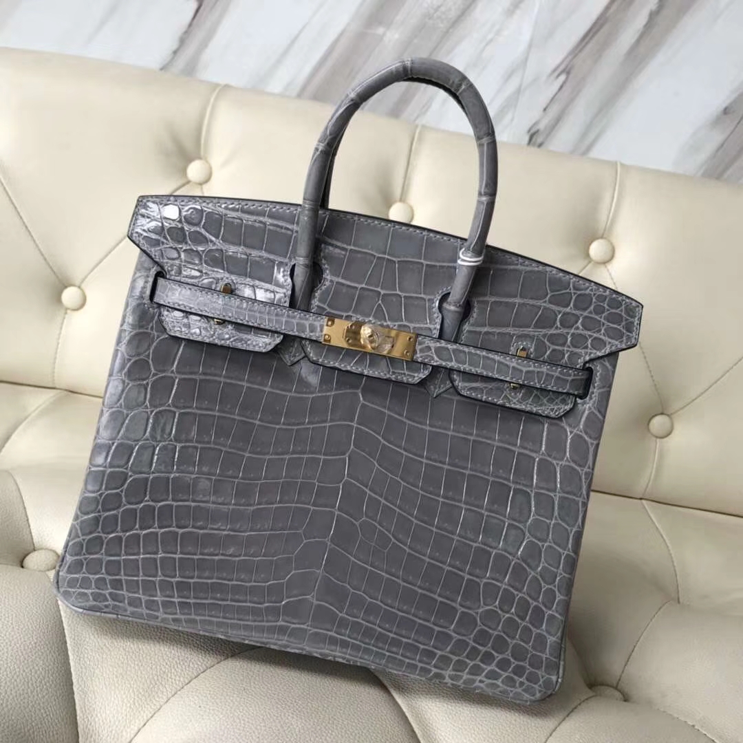 Hermès（爱马仕）Birkin Crocodile shiny 亮面鳄鱼  4Z 海鸥灰 金扣 现货 25cm