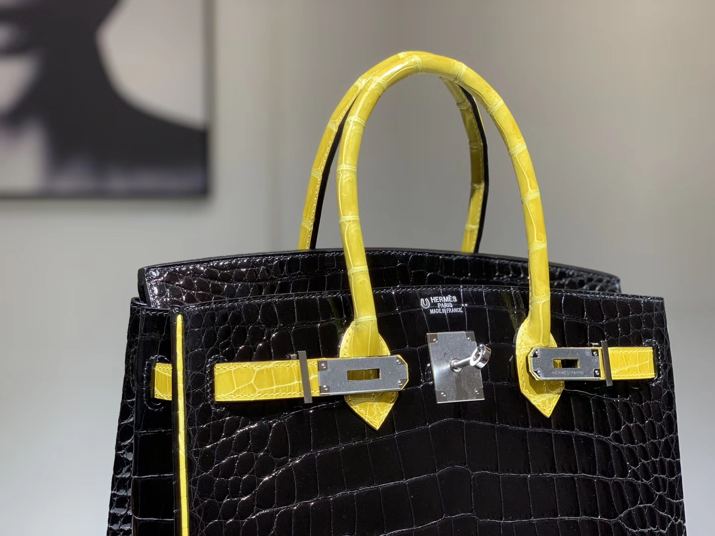 Hermès（爱马仕）Brikin铂金包 鳄鱼皮 柠檬黄配黑色 30cm