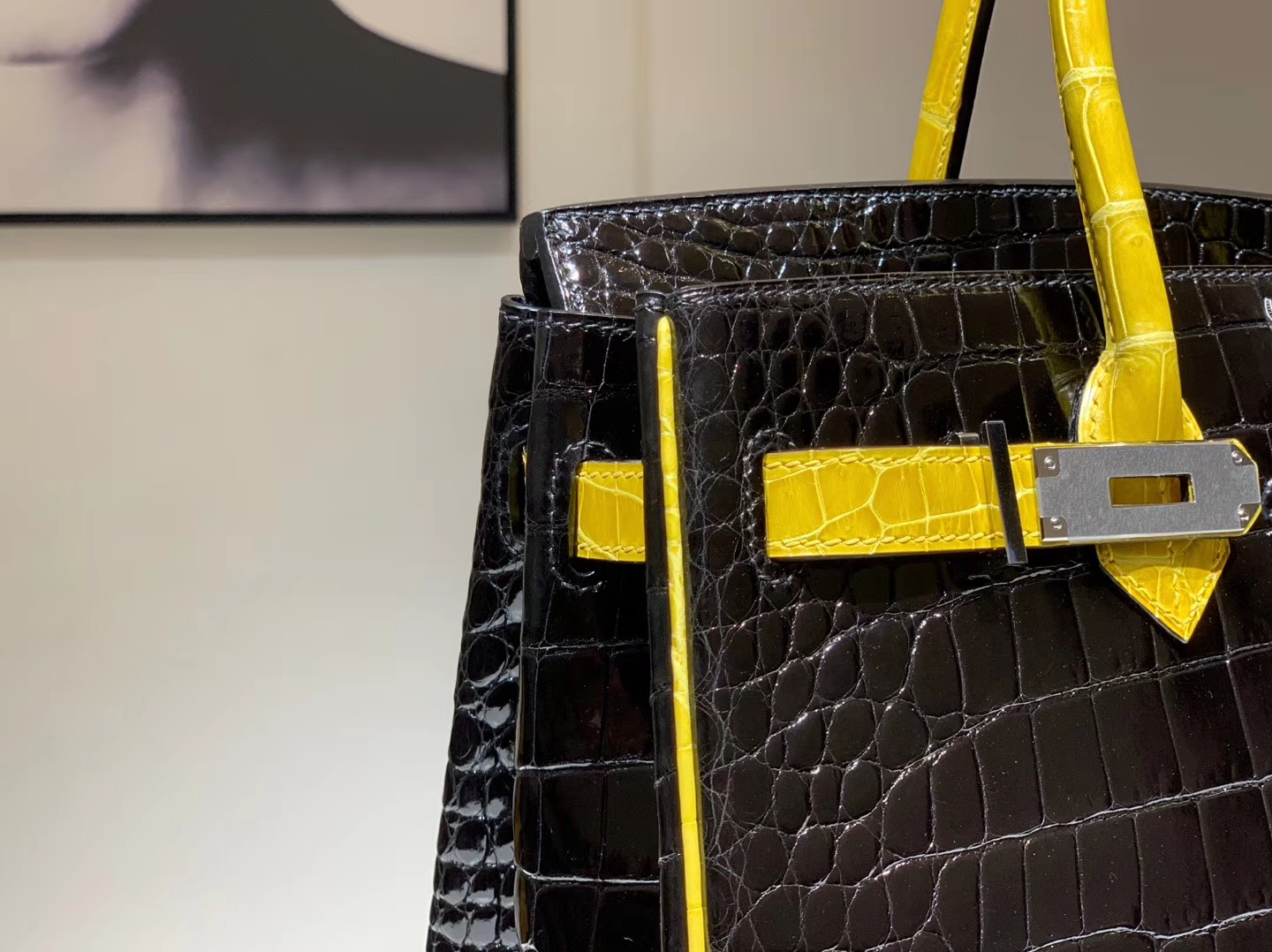 Hermès（爱马仕）Brikin铂金包 鳄鱼皮 柠檬黄配黑色 30cm