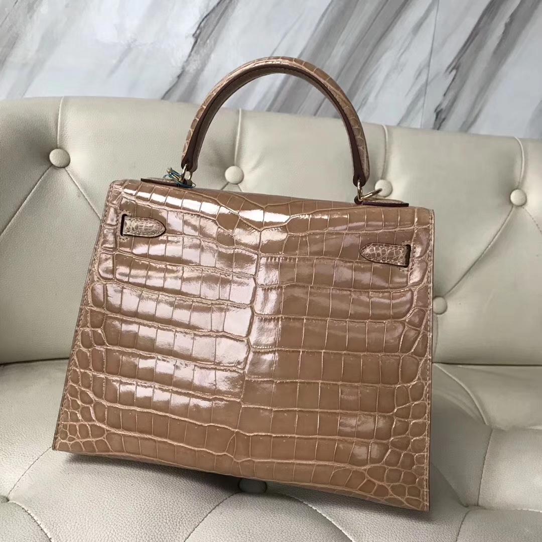 Hermès（爱马仕）Kelly 亮面尼罗鳄 1C浅杏色 顶级工艺 蜡线全手工 金扣 25cm