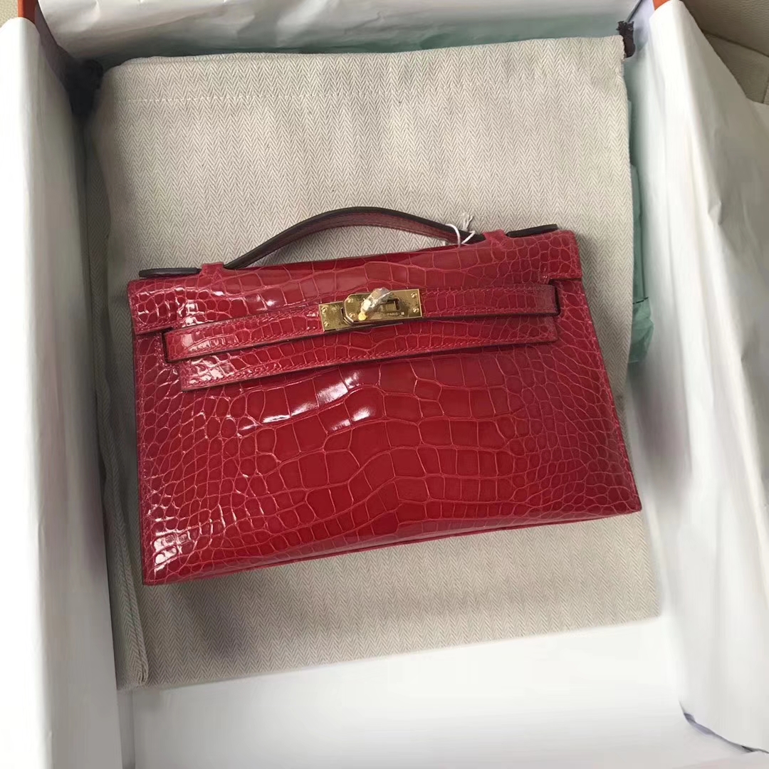 Hermès（爱马仕）Mini Kelly 亮面框框鳄鱼 ck95法拉利红 顶级工艺 蜡线全手工 金扣 22cm