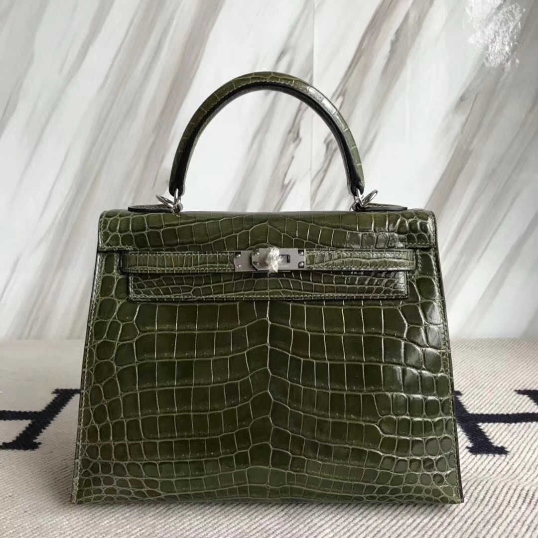Hermès（爱马仕）Kelly 亮面尼罗鳄 6H橄榄绿 顶级工艺 蜡线全手工 金扣 25cm