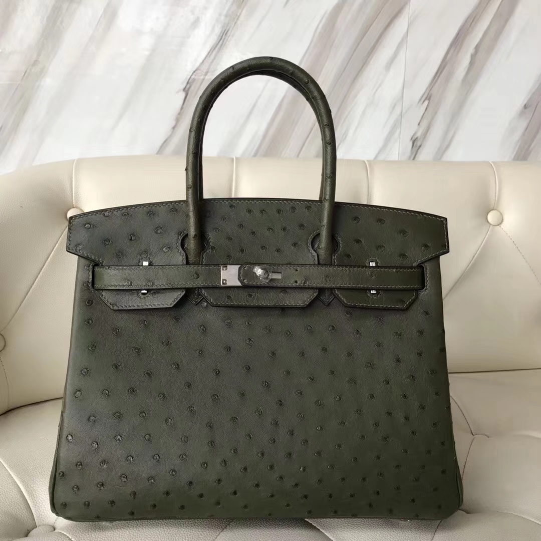 Hermès（爱马仕）Birkin kk鸵鸟 v6丛林绿 顶级工艺 蜡线全手工 银扣 30cm