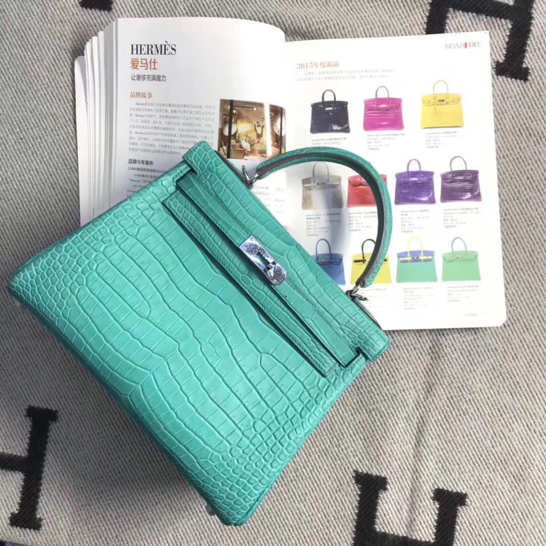 Hermès（爱马仕）Kelly 凯莉包 雾面湾鳄倒V 孔雀蓝 稀少野生鳄鱼 28cm