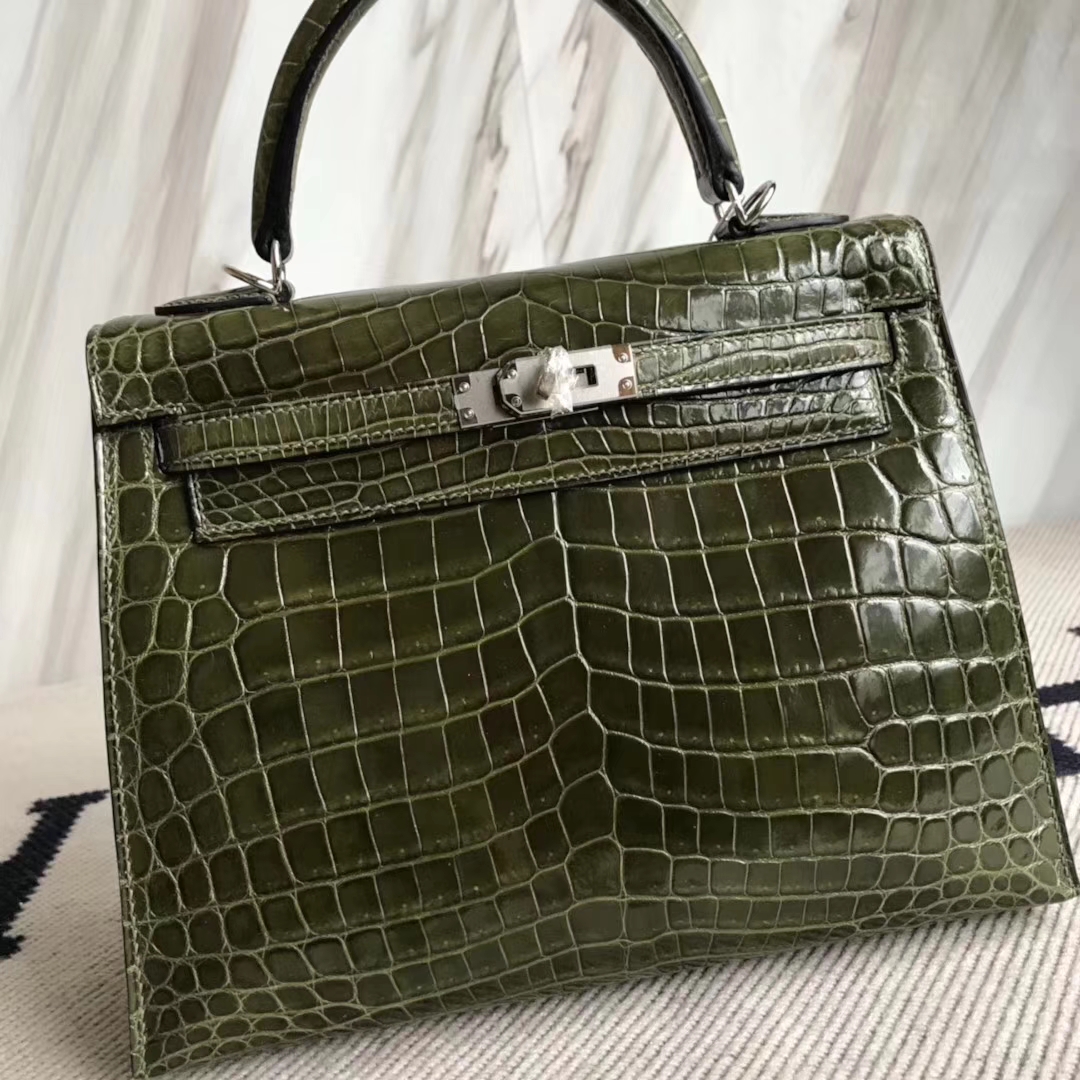 Hermès（爱马仕）Kelly 亮面尼罗鳄 6H橄榄绿 顶级工艺 蜡线全手工 金扣 25cm